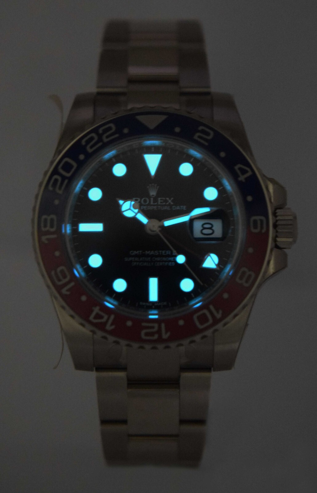 NOS Rolex GMT-Master II 18k White Gold Ceramic "Pepsi" Watch B/B 116719