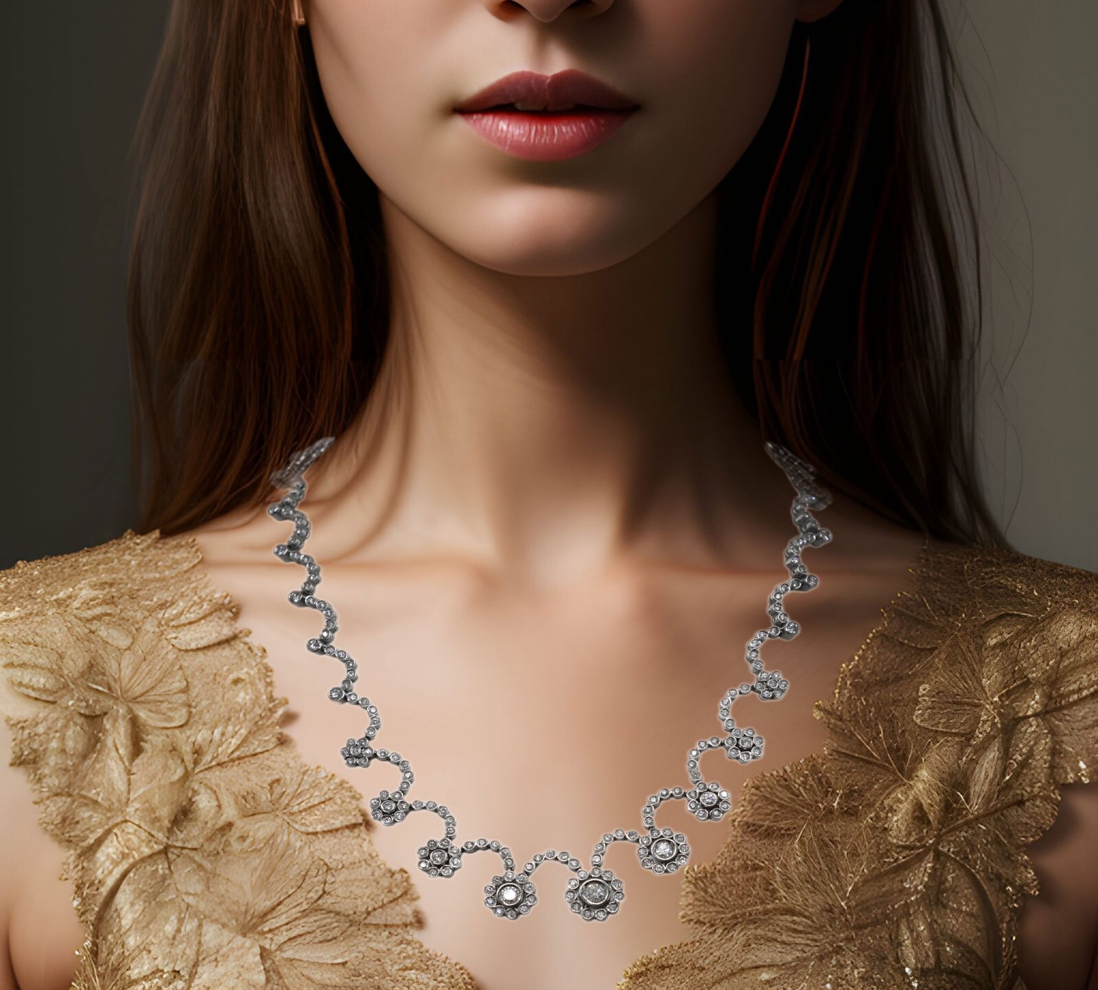 7.58 ct Diamond Flowers Motif 14k White Gold Necklace & Earrings Set