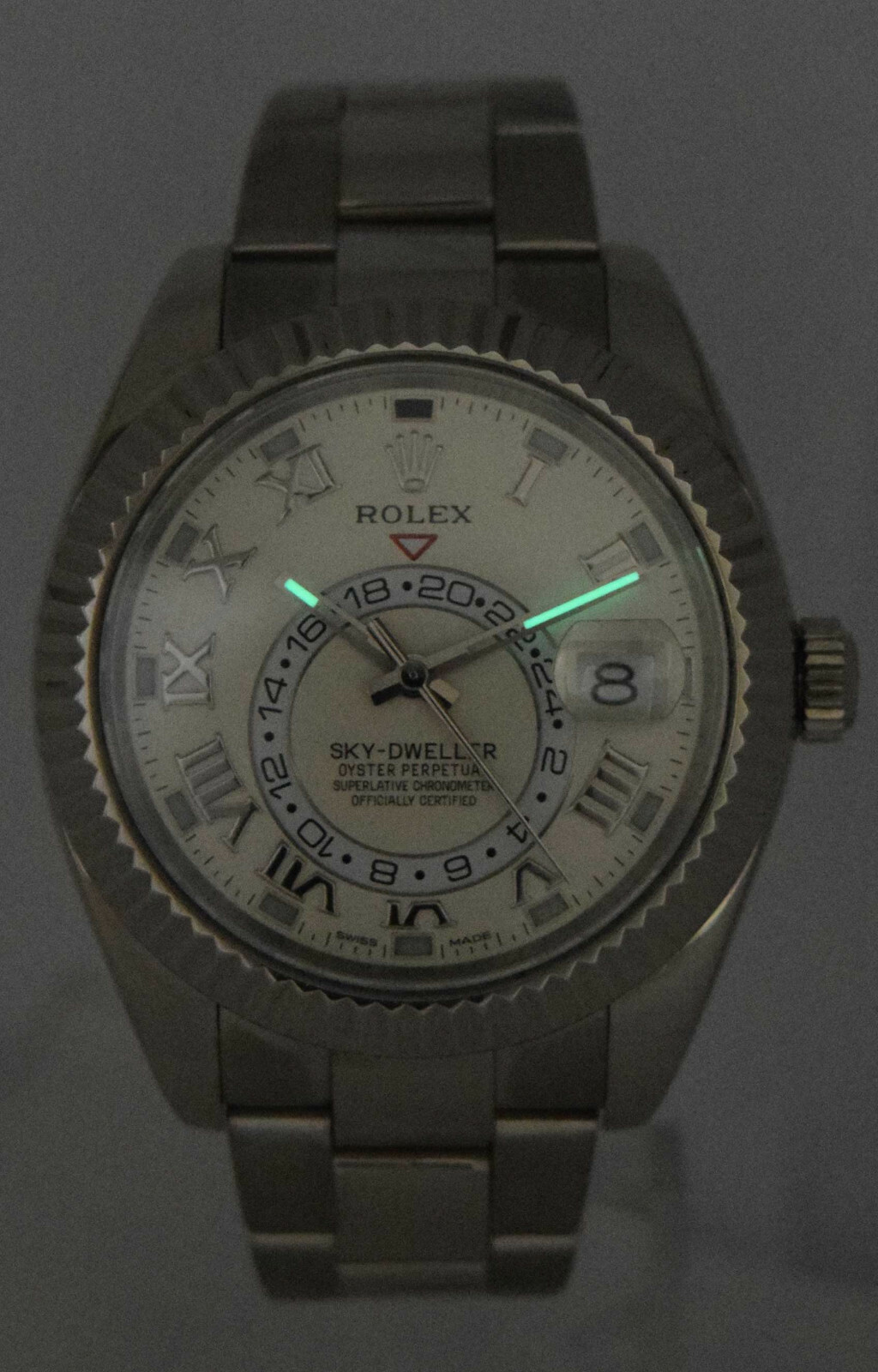 Rolex Sky-Dweller GMT 18k White Gold Ivory Roman Dial Mens 42mm Watch B/P 326939