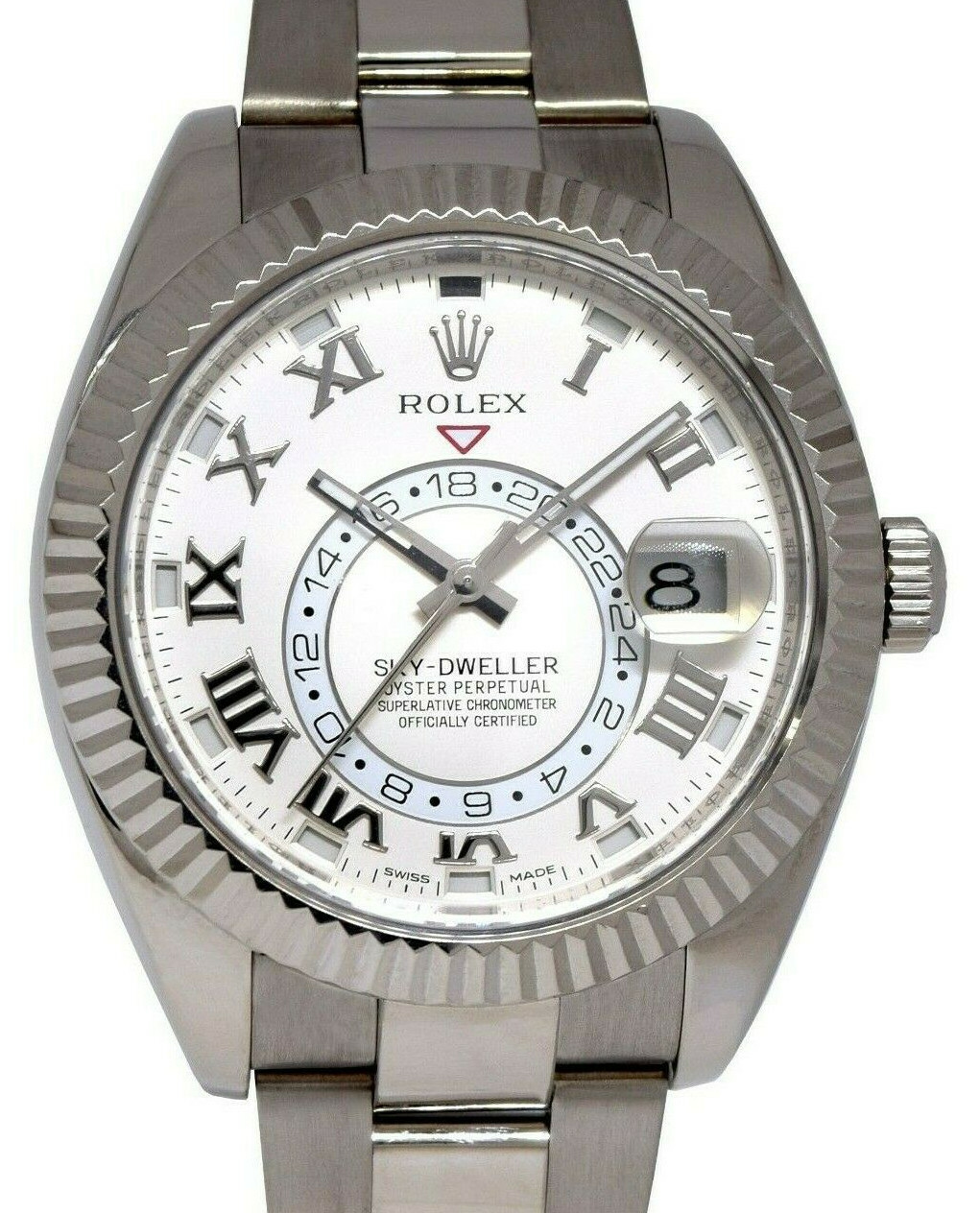 Rolex Sky-Dweller GMT 18k White Gold Ivory Roman Dial Mens 42mm Watch 326939