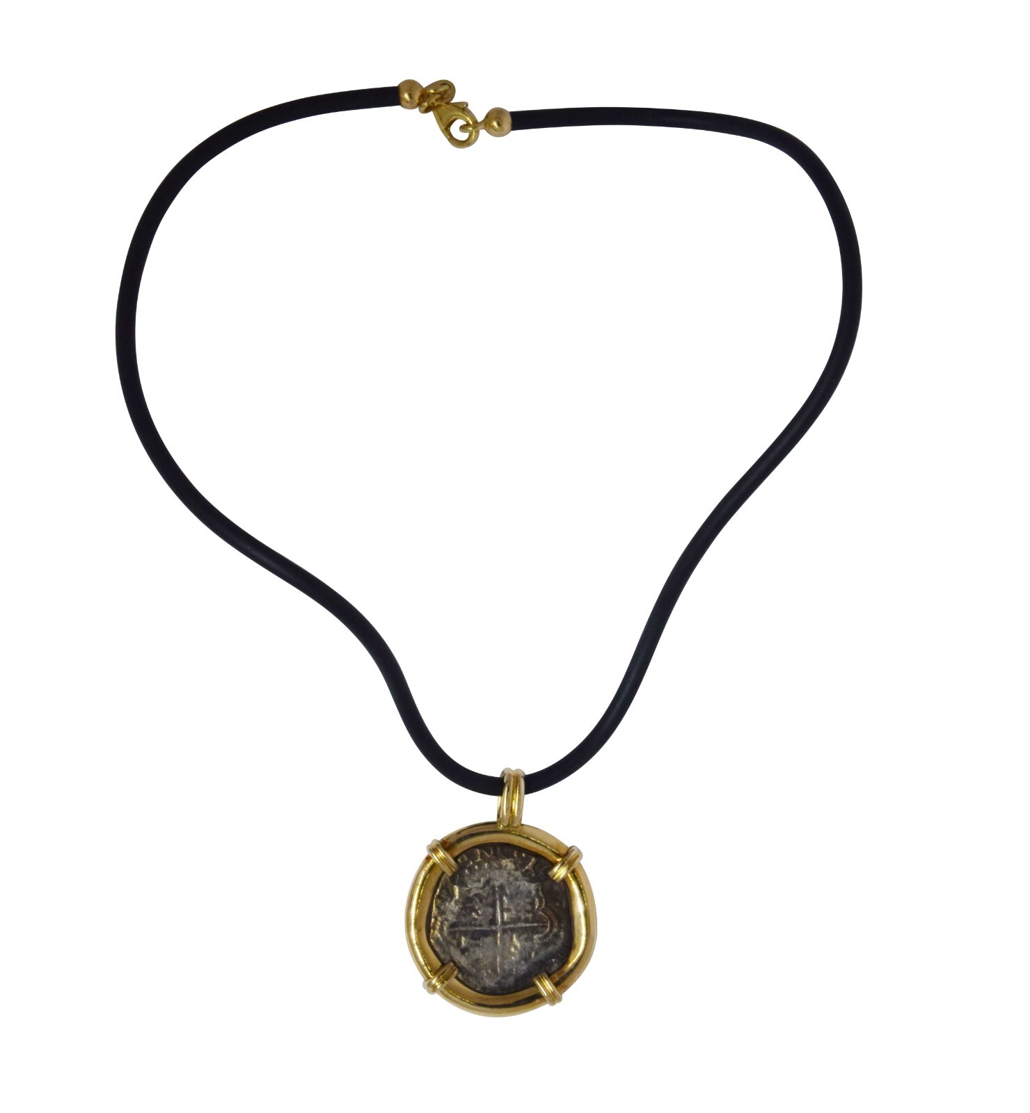Antique Silver Coin Necklace in 18k Yellow Gold with 15'' Rubber Cord