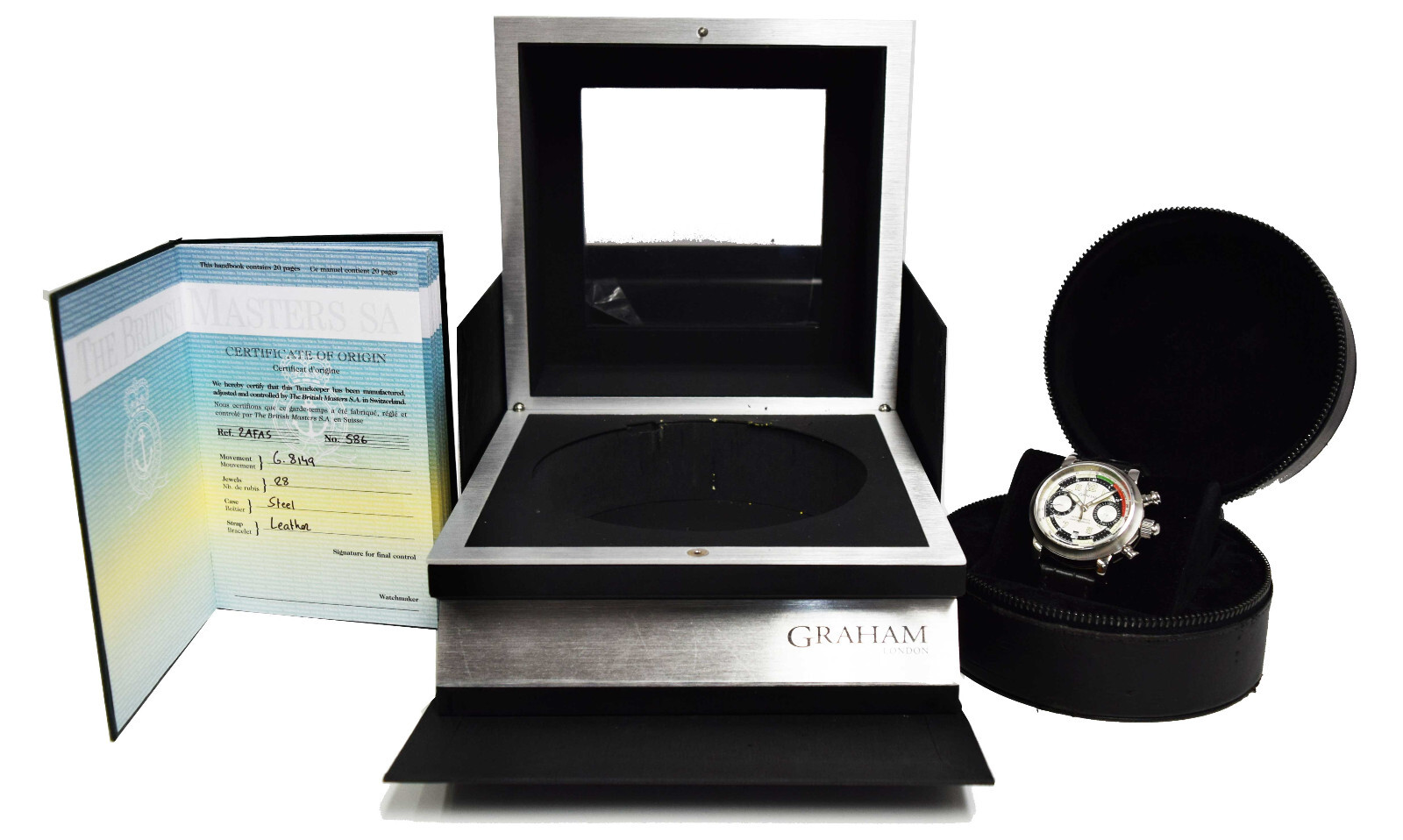NOS Graham Aeroflyback Chronograph Silver Dial Strap Watch B/P AFAS.S02A.C16B