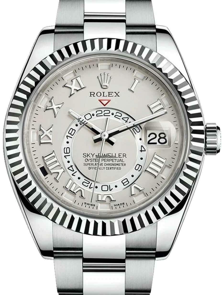 Rolex Sky-Dweller GMT 18k White Gold Ivory Roman Dial Mens 42mm Watch 326939