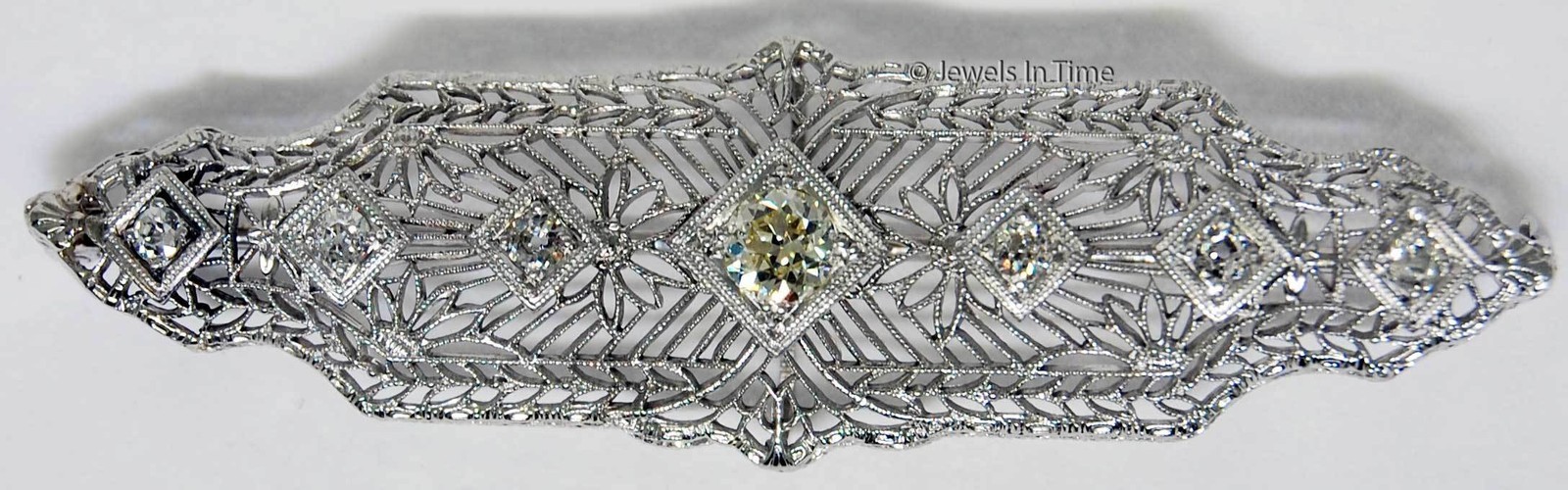 Vintage Filagree Brooch 14k White Gold & Diamonds