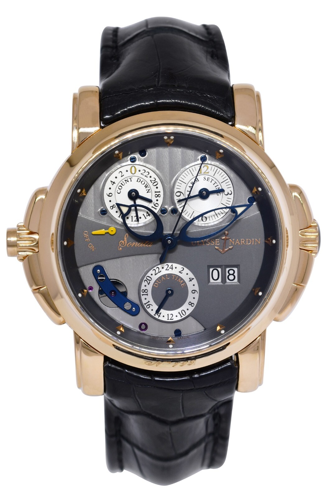 Ulysse Nardin Sonata Cathedral 18k Rose Gold Dual Time Alarm 42mm Watch 676-88
