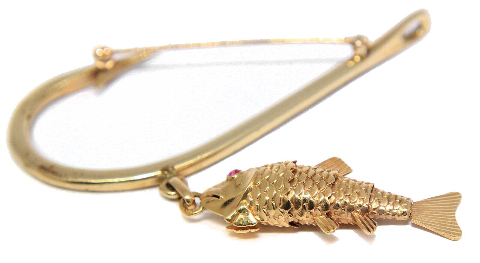 Fish & Hook Vintage 14k Yellow Gold & Ruby Brooch Pin Fish & Hook Vintage 14k Yellow Gold & Ruby Brooch Pin