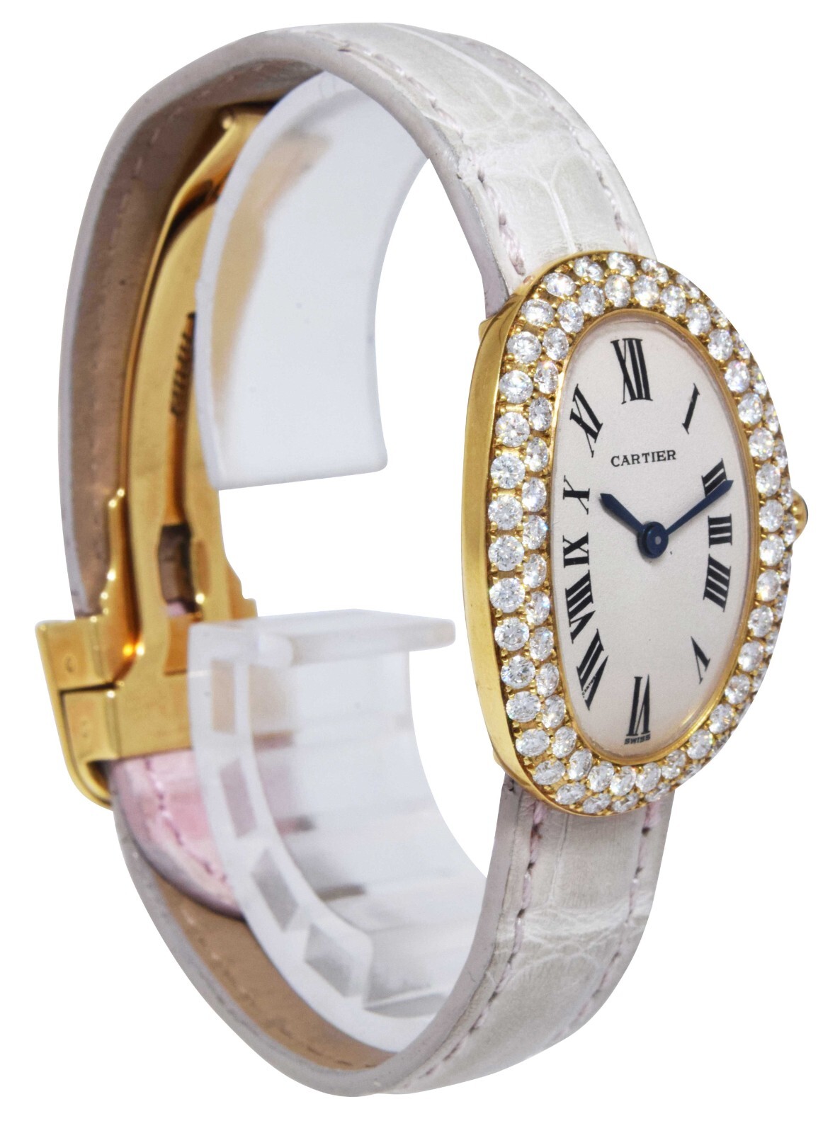 Cartier Baignoire 18k Yellow Gold & Diamond Ivory Dial Ladies Strap Watch 3358