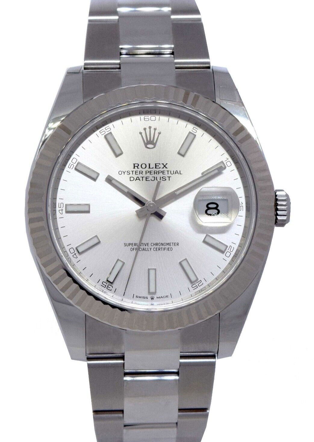 Rolex Datejust 41 Steel /18k WG Bezel Silver Index Dial Mens Watch + Card 126334