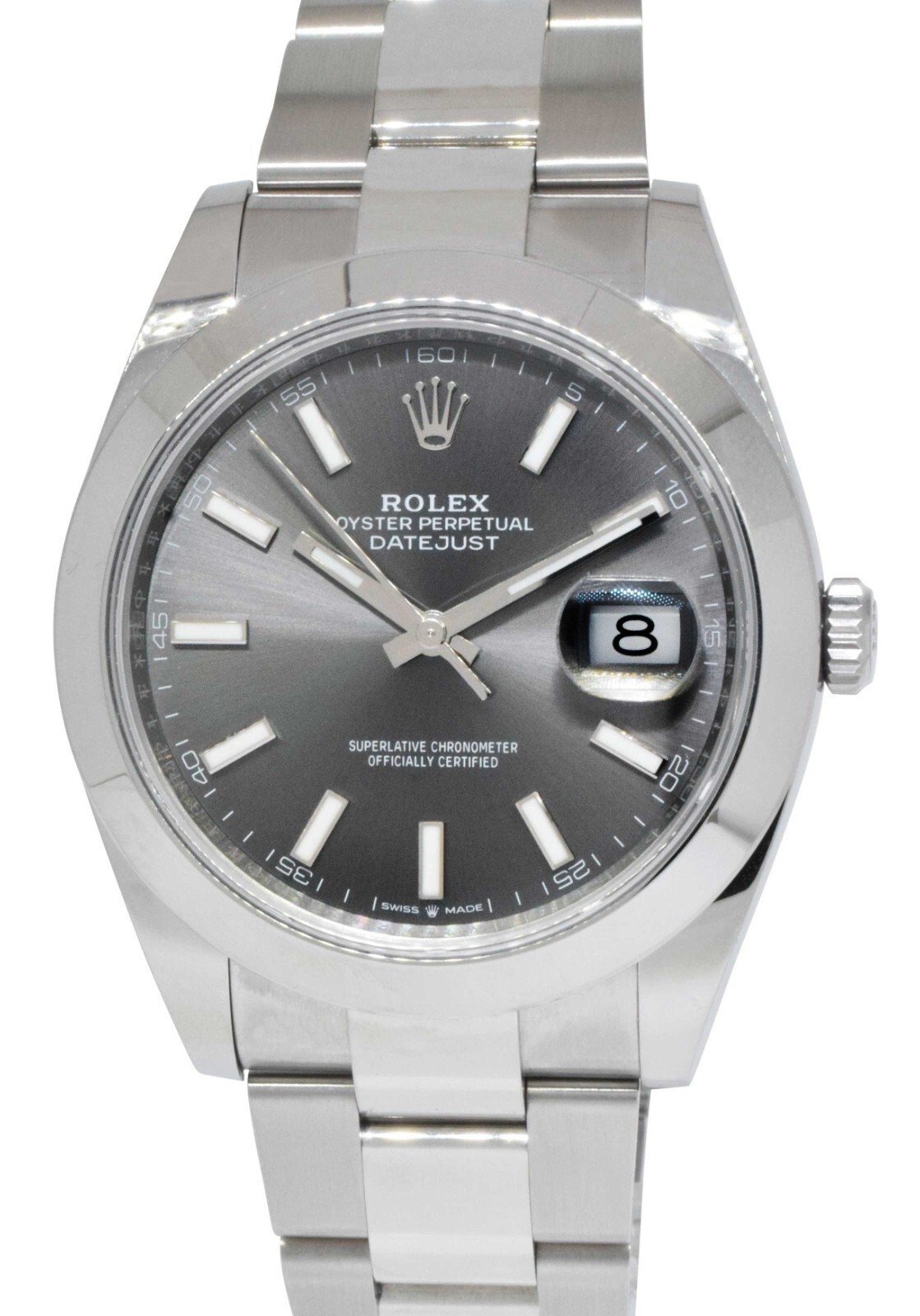 NOS Rolex Datejust 41 SS Rhodium Index Dial Oyster Mens Watch B/P '21 126300