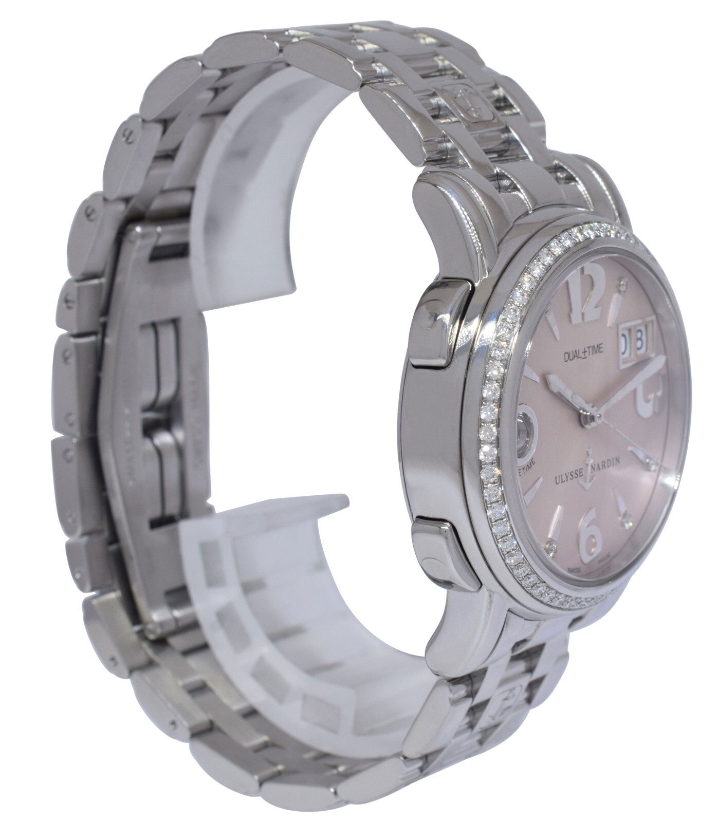 Ulysse Nardin Dual Time Steel Pink Dial & Diamond Ladies 37mm Watch B/P 223-22
