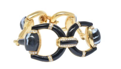 Gucci 1 Horsebit Diamond Agate/Onyx & 1ct Diamond 18K Yellow Gold 7.5'' Bracelet