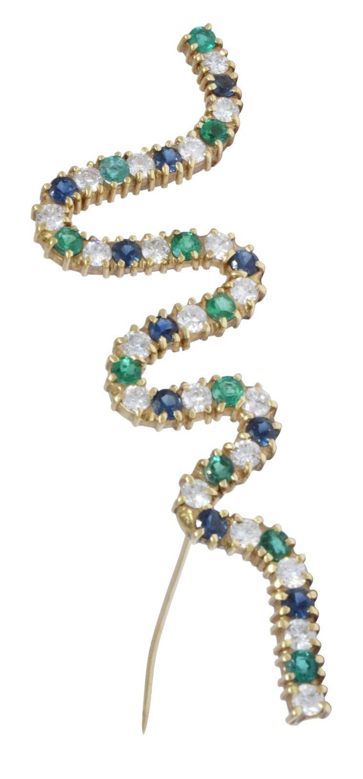 Ladies Diamond, Emerald & Sapphire 18k Yellow Gold Squiggle Brooch
