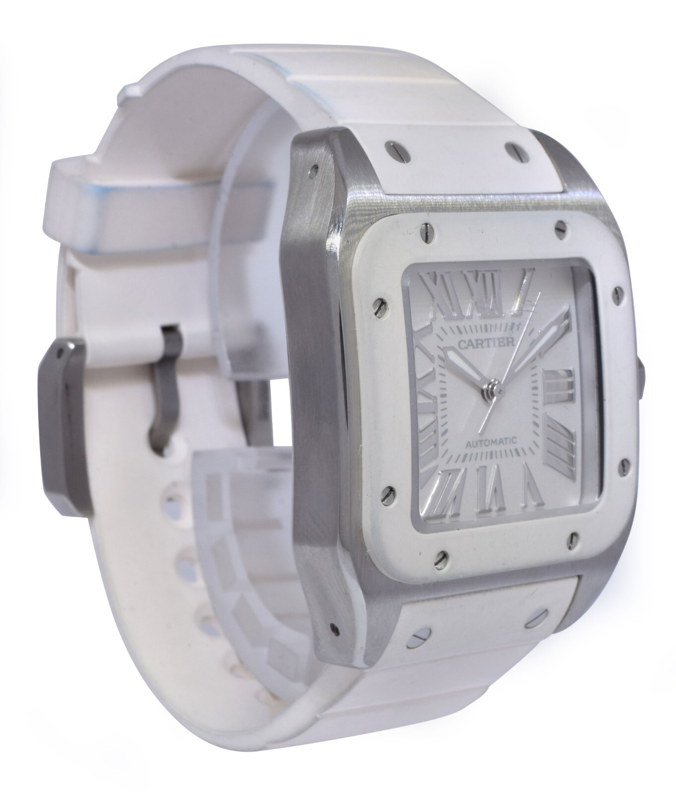 Cartier Santos 100 Medium Steel White Rubber Automatic Watch W20122U2 2878