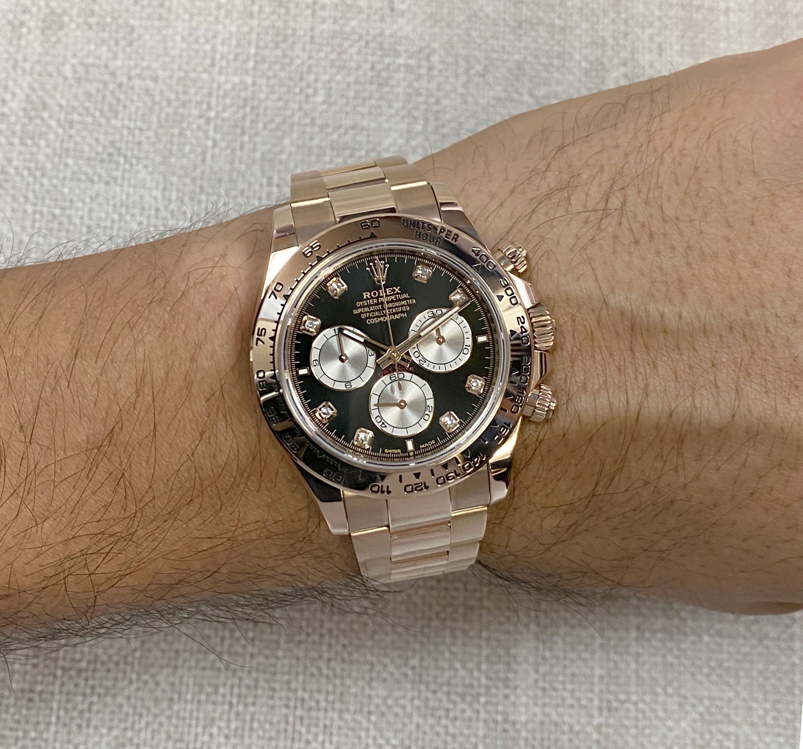 NOS Rolex Daytona 18k Rose Gold Black/Sundust Diamond Dial Watch B/P '24 126505