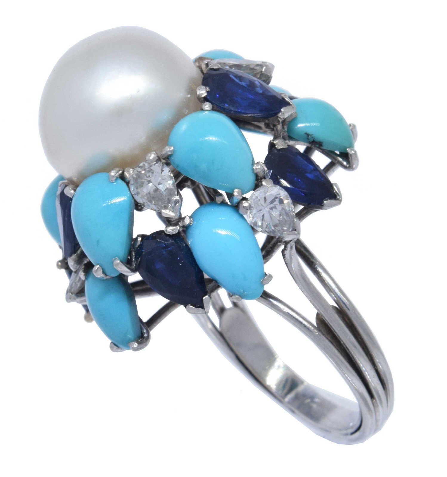 Pearl & Diamond & Sapphire & Turquoise Ring in 18k White Gold Ladies 6.5