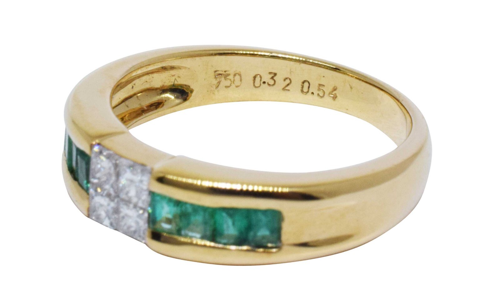 Green Emerald & Princess Cut Diamond 18k Yellow Gold Ladies Band Ring Size 6.25