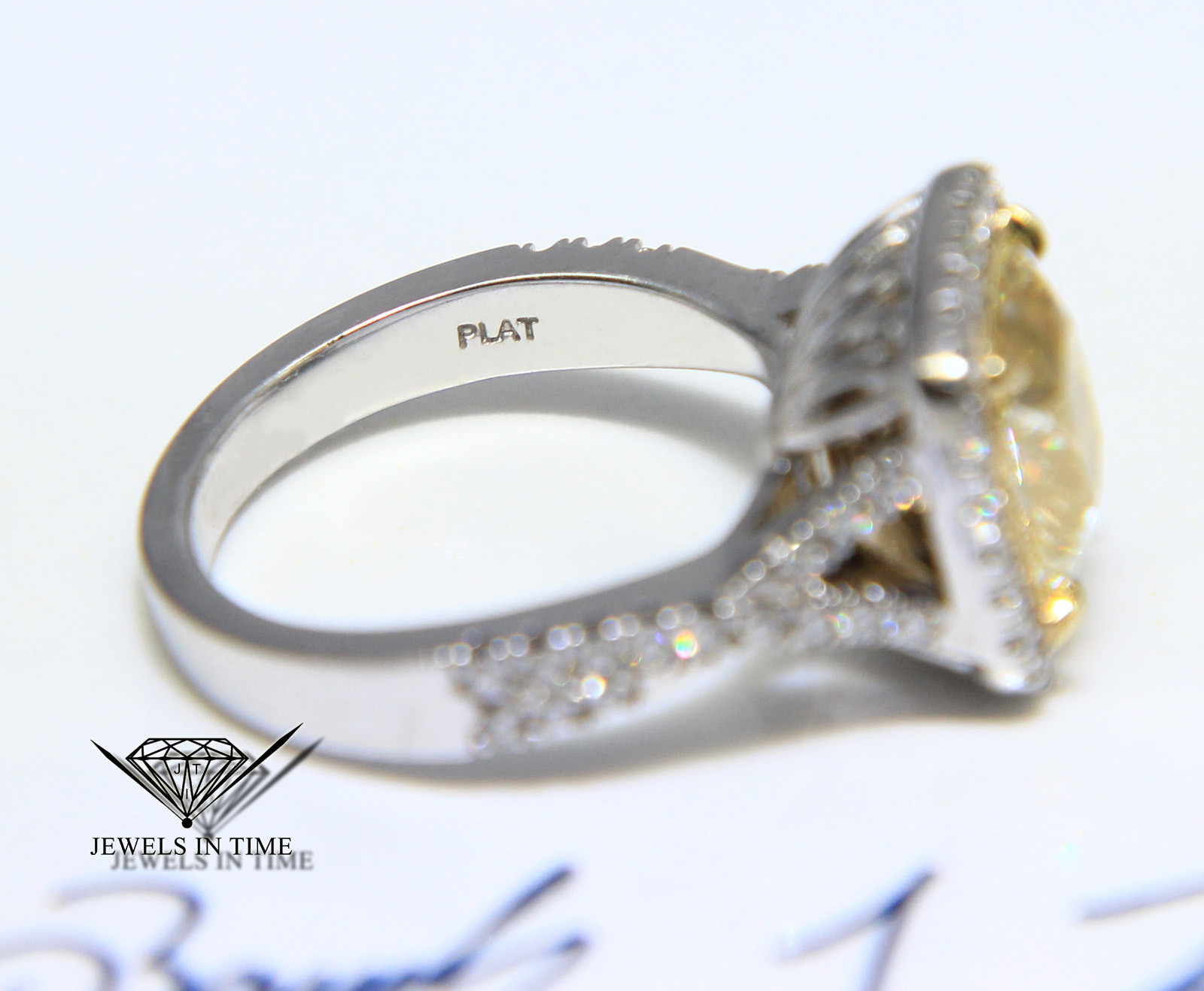 4.52 Carat Fancy Yellow Cushion Brilliant Diamond Platinum Ring Size 6.5 EGL USA 4.52 Carat Fancy Yellow Cushion Brilliant Diamond Platinum Ring Size 6.5 EGL USA
