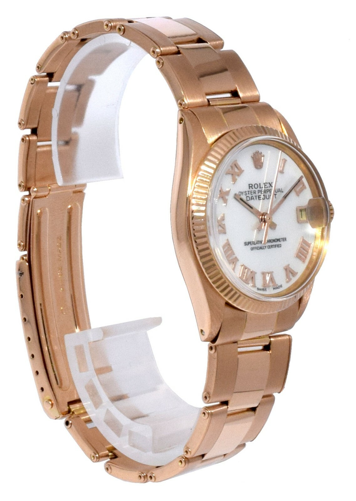 Rolex Datejust 18k Rose Gold MOP Roman Dial Midsize 31mm Vintage Watch 6627
