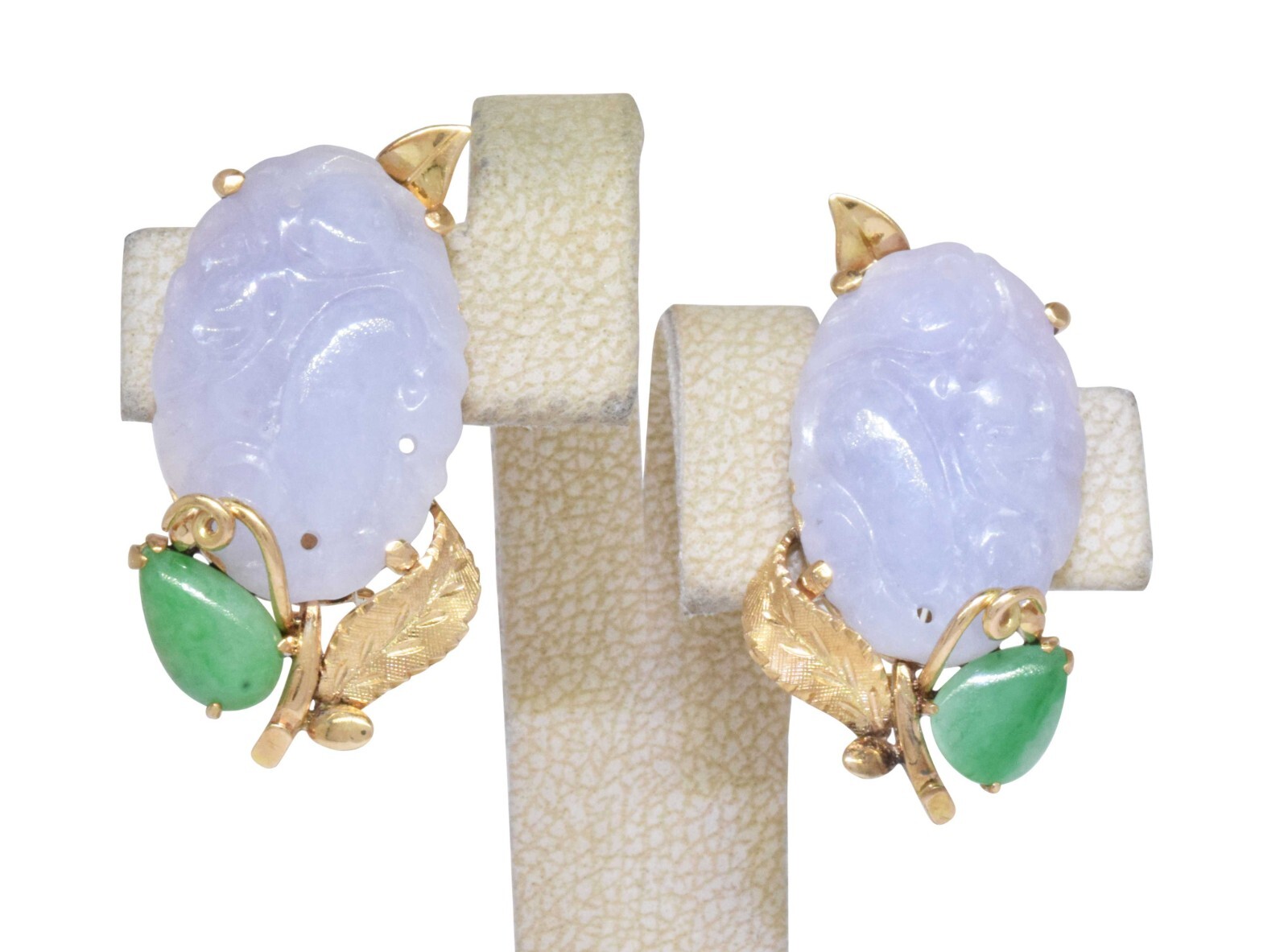 Carved Lavender Jade & Green Jade 14k Yellow Gold Clip Earrings