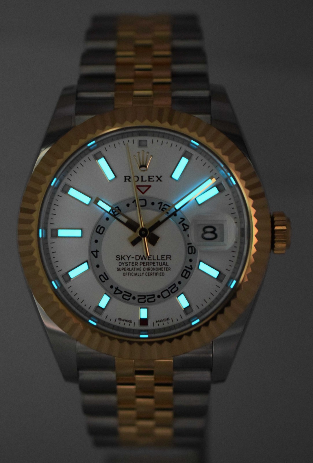 Rolex Sky-Dweller 18k Yellow Gold/Steel White Dial GMT 42mm Watch B/P '22 326933