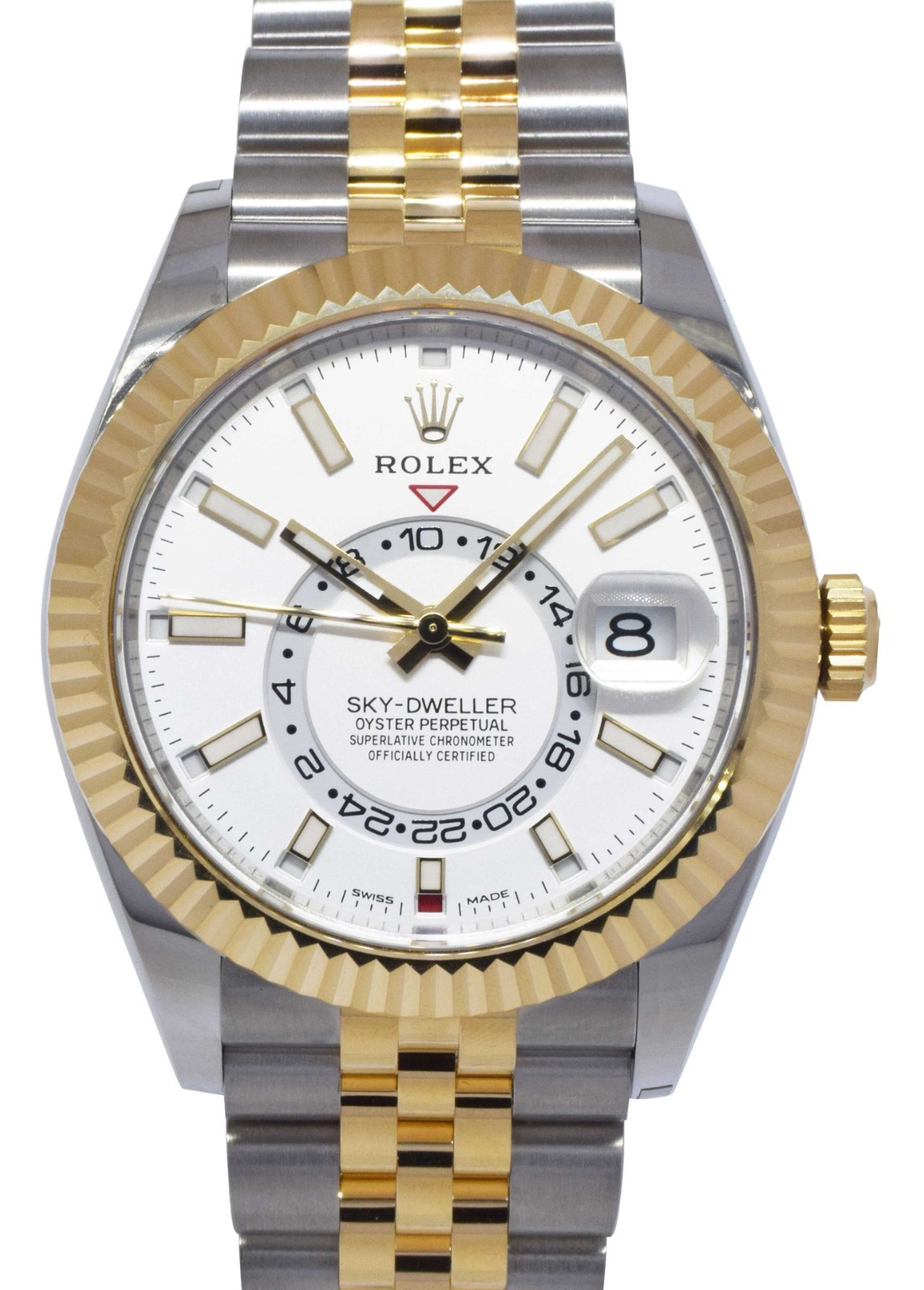 Rolex Sky-Dweller 18k Yellow Gold/Steel White Dial GMT 42mm Watch B/P '22 326933