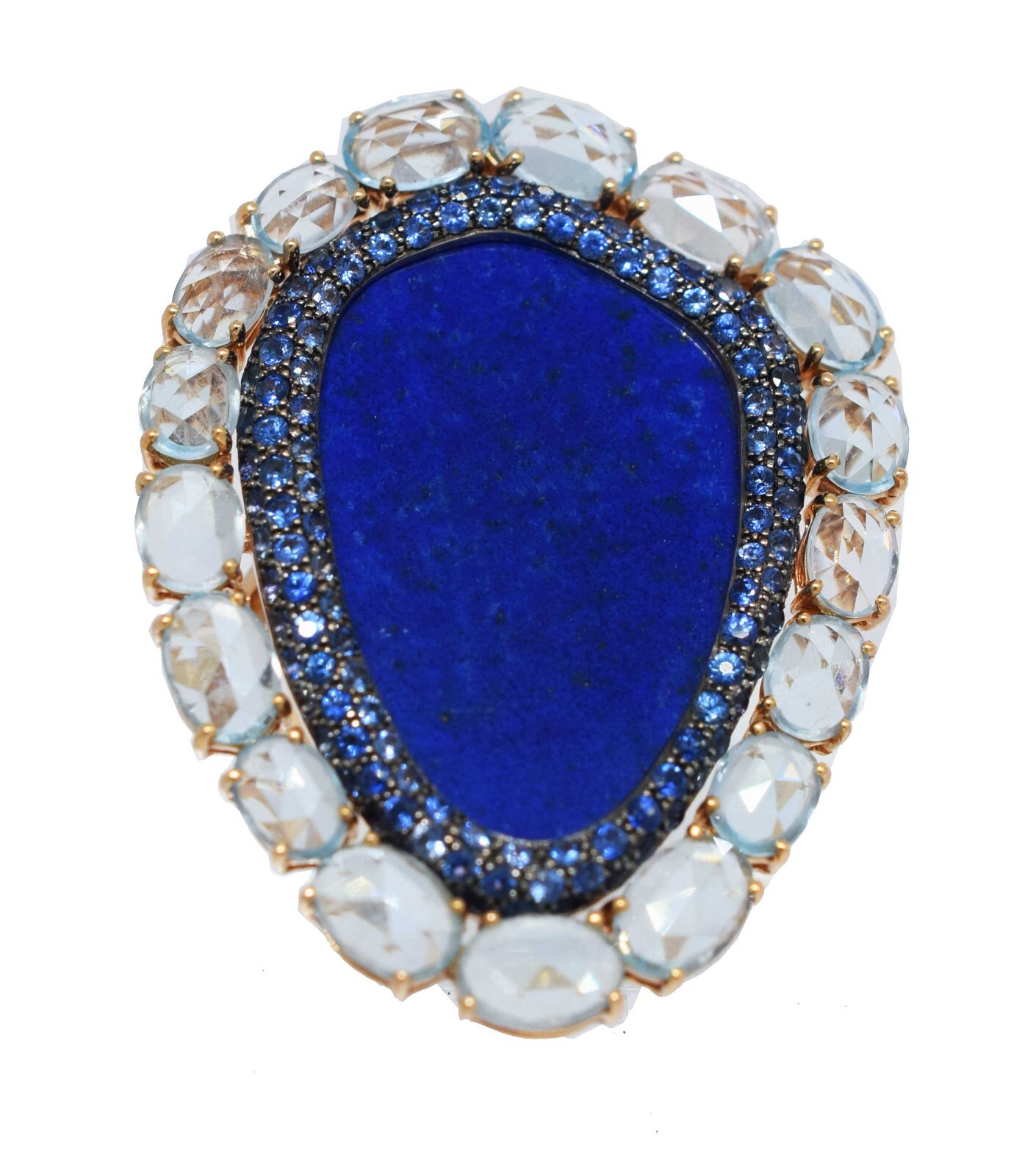 18k Rose Gold Multi Gemstone Ring Lapis Lazuli Sapphires & Aquamarine Size 8