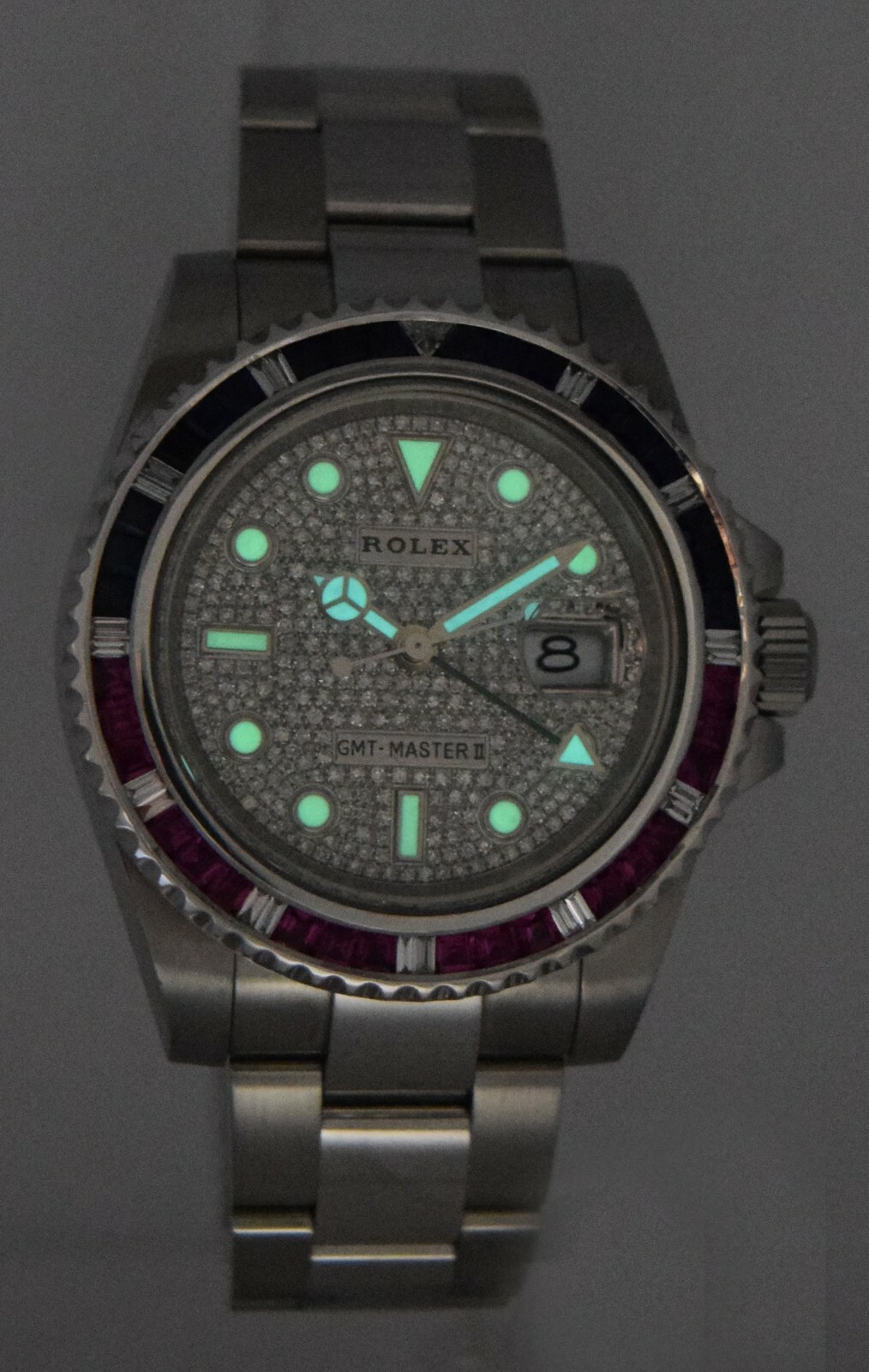 Rolex GMT-Master II Steel Diamond Dial Ruby/Sapphire Bezel 40mm Watch 116710