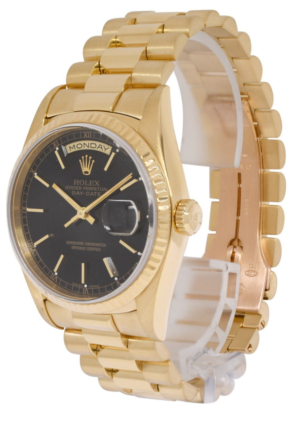 Rolex Day-Date President 18k Yellow Gold Black Dial Mens 36mm Watch E 18238