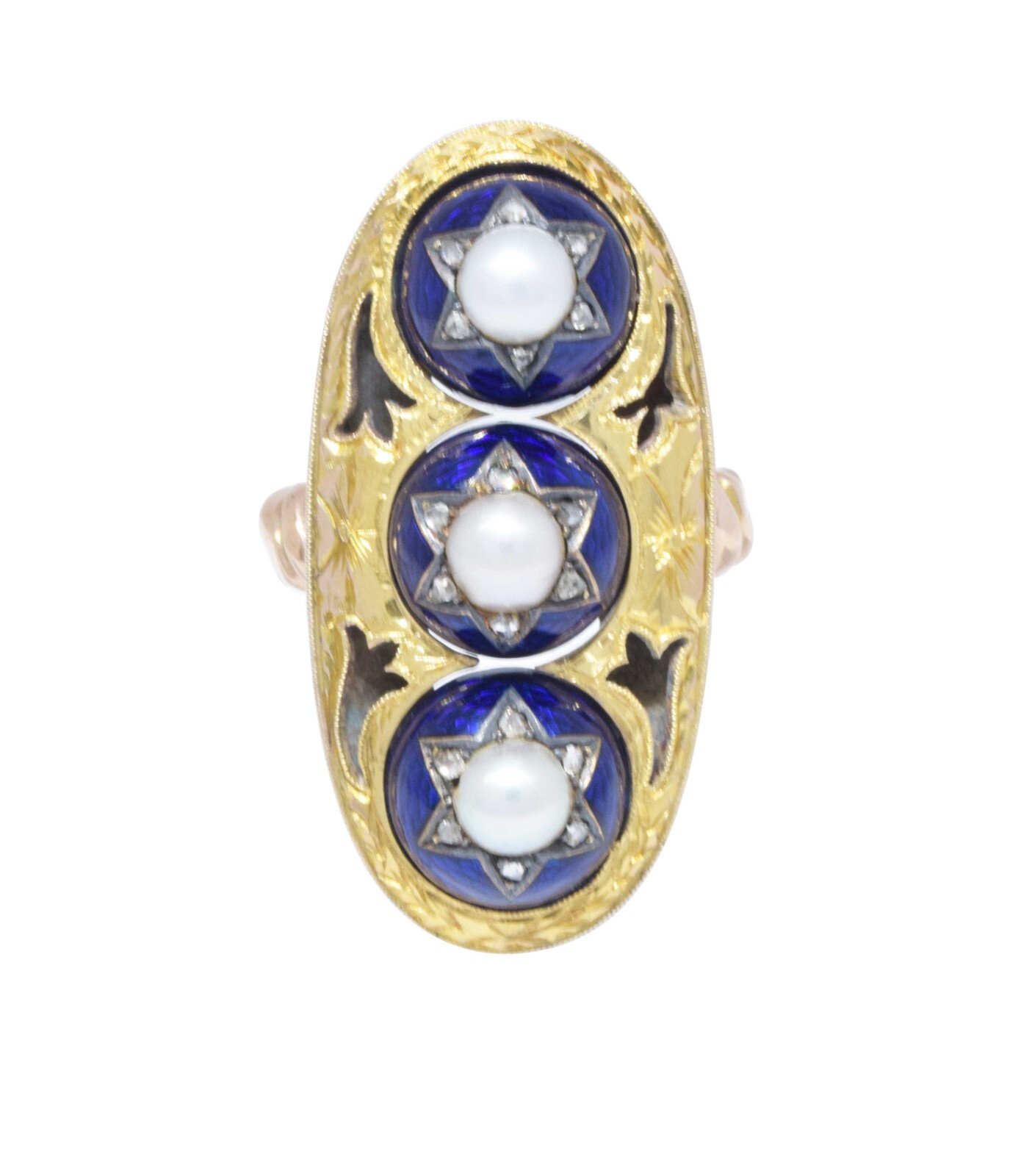 14K Gold Vintage Pearl, Enamel & Diamond Ring Size 4.25