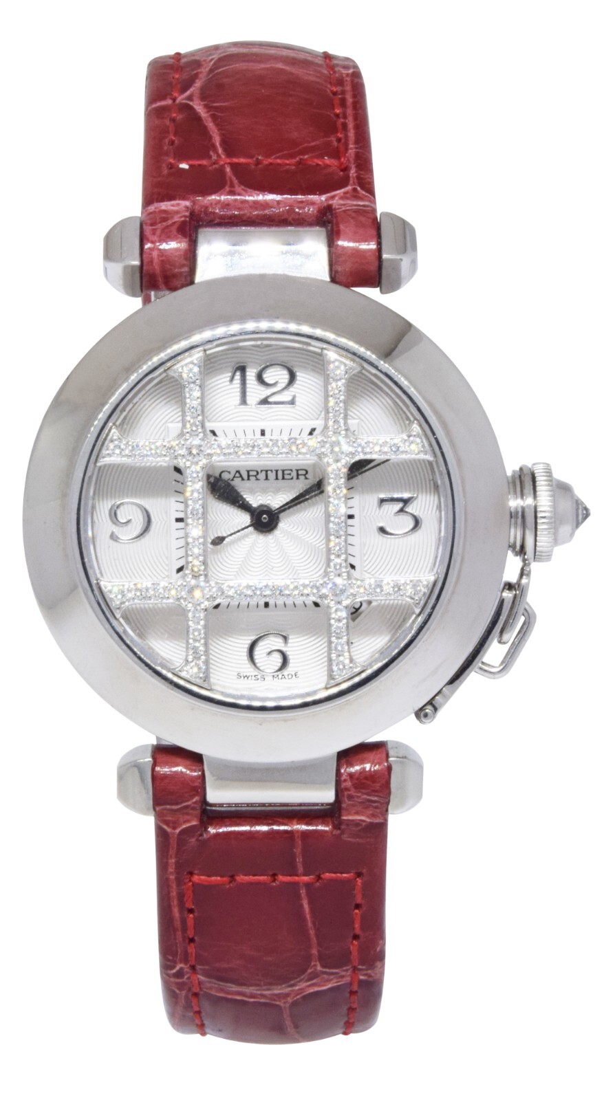 Cartier Pasha 32mm 18K White Gold Diamond Grid Dial Ladies Automatic Watch 2528