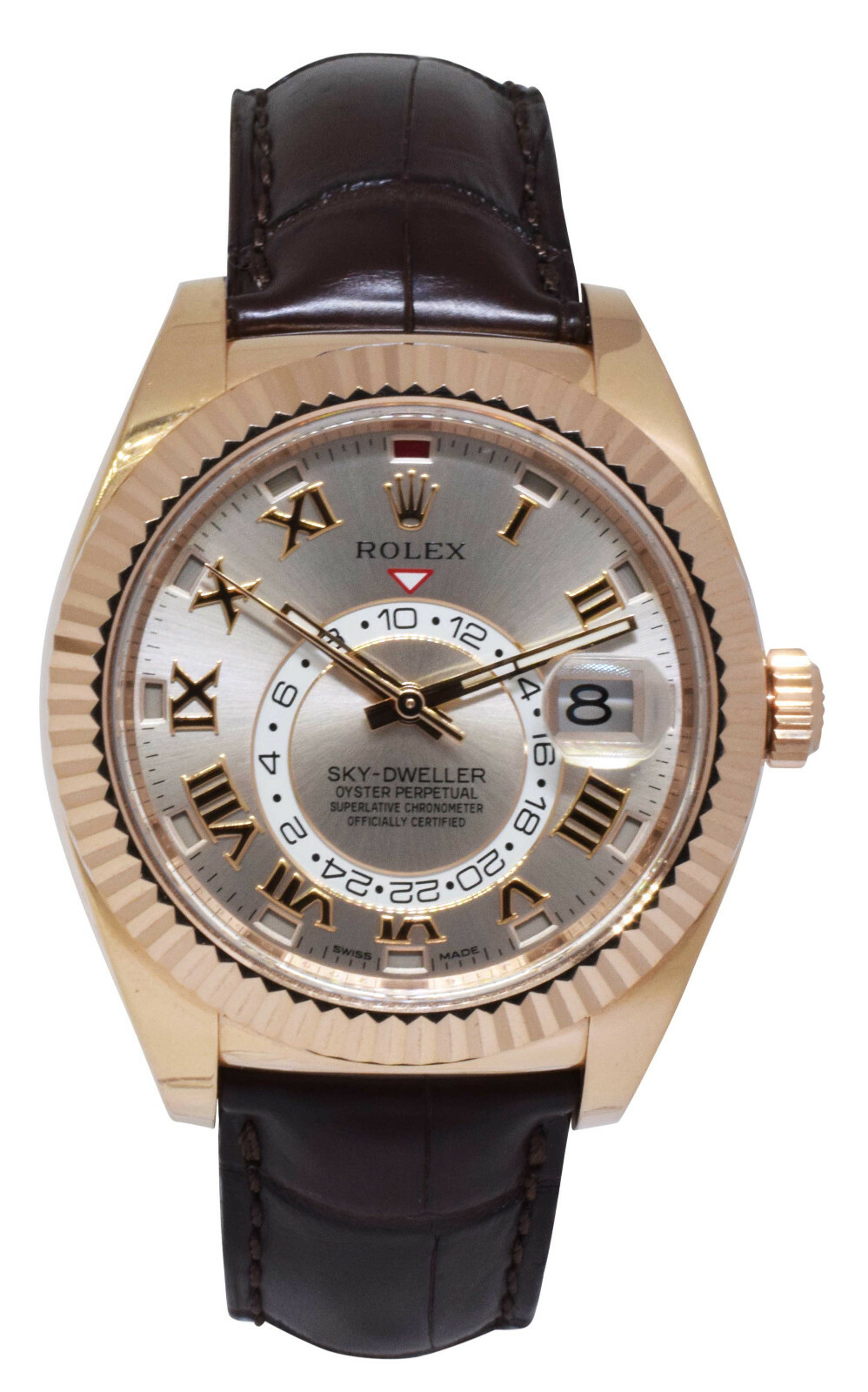 Rolex Sky-Dweller 18k Everose Gold Sundust Roman Dial Mens 42mm GMT Watch 326135