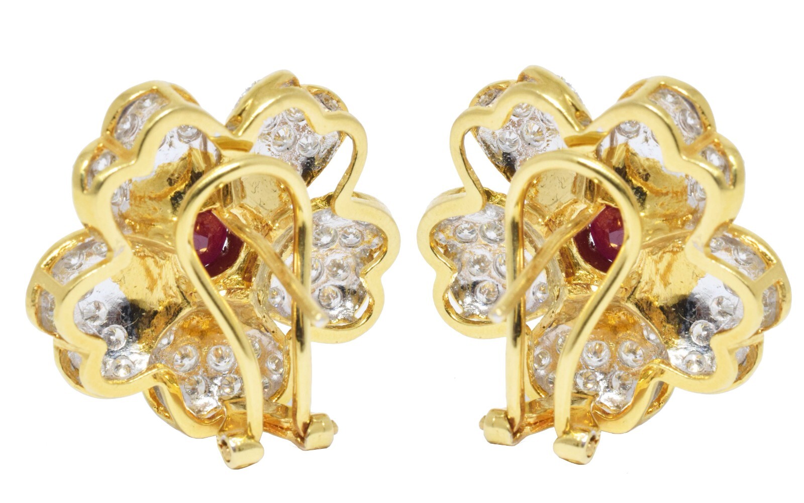18k Yellow Gold Flower Earrings 4.00 ct Diamond Ruby 3.00 ct