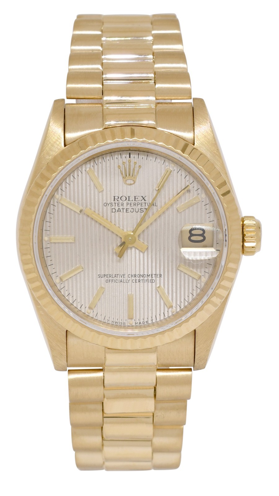 Rolex Datejust President 18k Yellow Gold Silver Tapestry 31mm Watch '84 68278