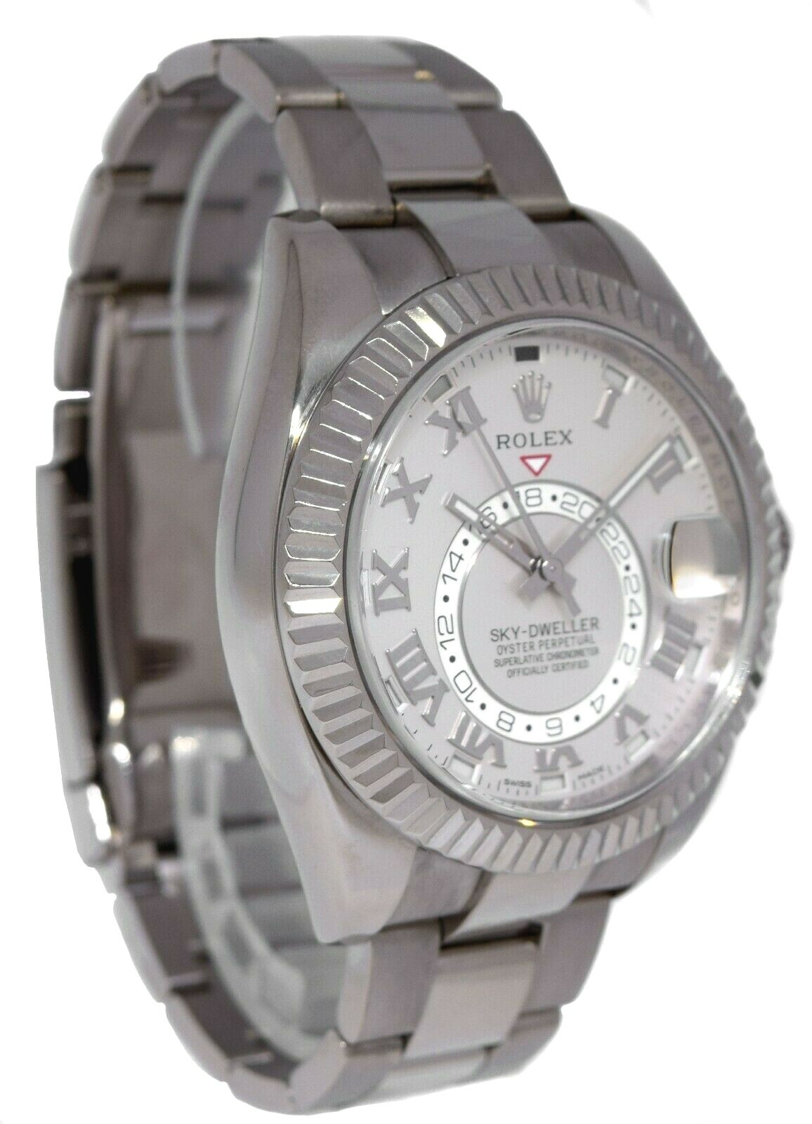 Rolex Sky-Dweller GMT 18k White Gold Ivory Roman Dial Mens 42mm Watch 326939