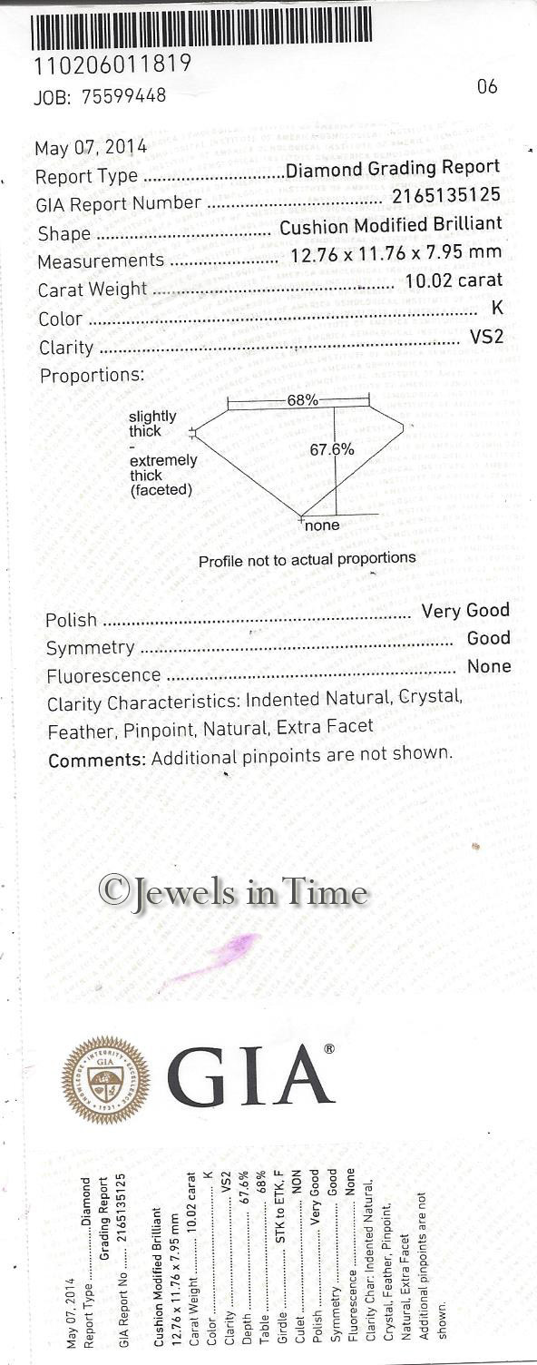 10.02 Carat Cushion shape Diamond Platinum Ring Size 5.25 GIA Certificate