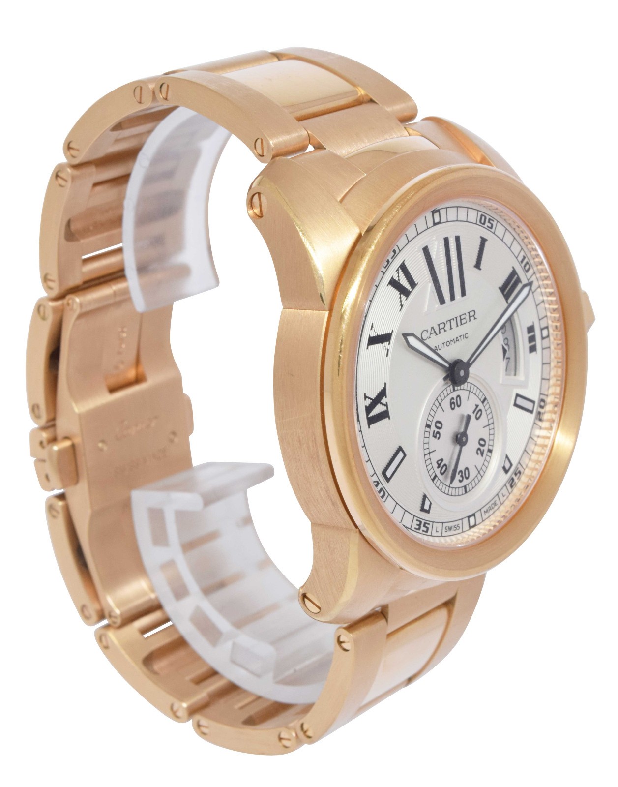 Cartier Calibre 18k Rose Gold Silver Dial Mens 42mm Watch +Box W7100018 3300