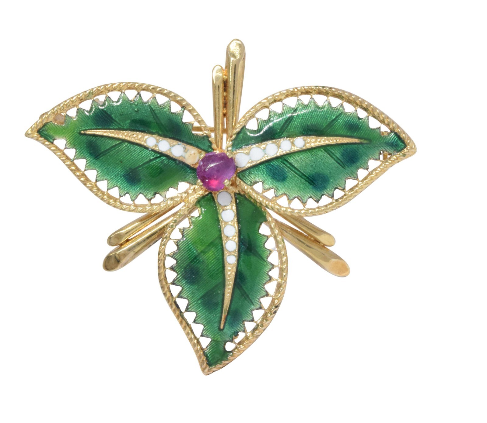 Brooch Poinsettia 14k Yellow Gold Ruby & Enamel