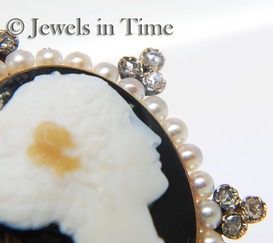 Old Mine Cut Diamonds & Pearls 14k Yellow Gold Cameo Brooch