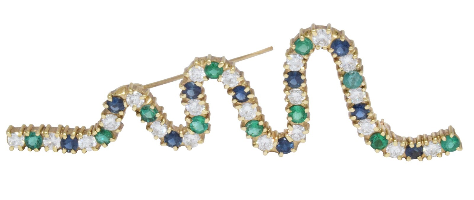 Ladies Diamond, Emerald & Sapphire 18k Yellow Gold Squiggle Brooch