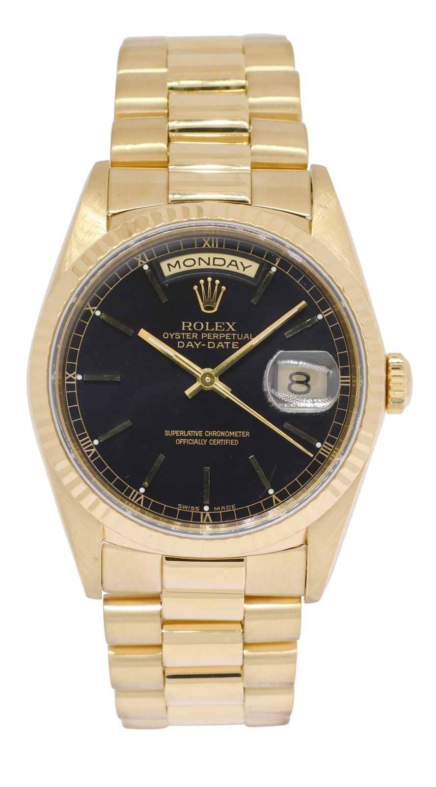Rolex Day-Date President 18k Yellow Gold Black Dial Mens 36mm Watch E 18238
