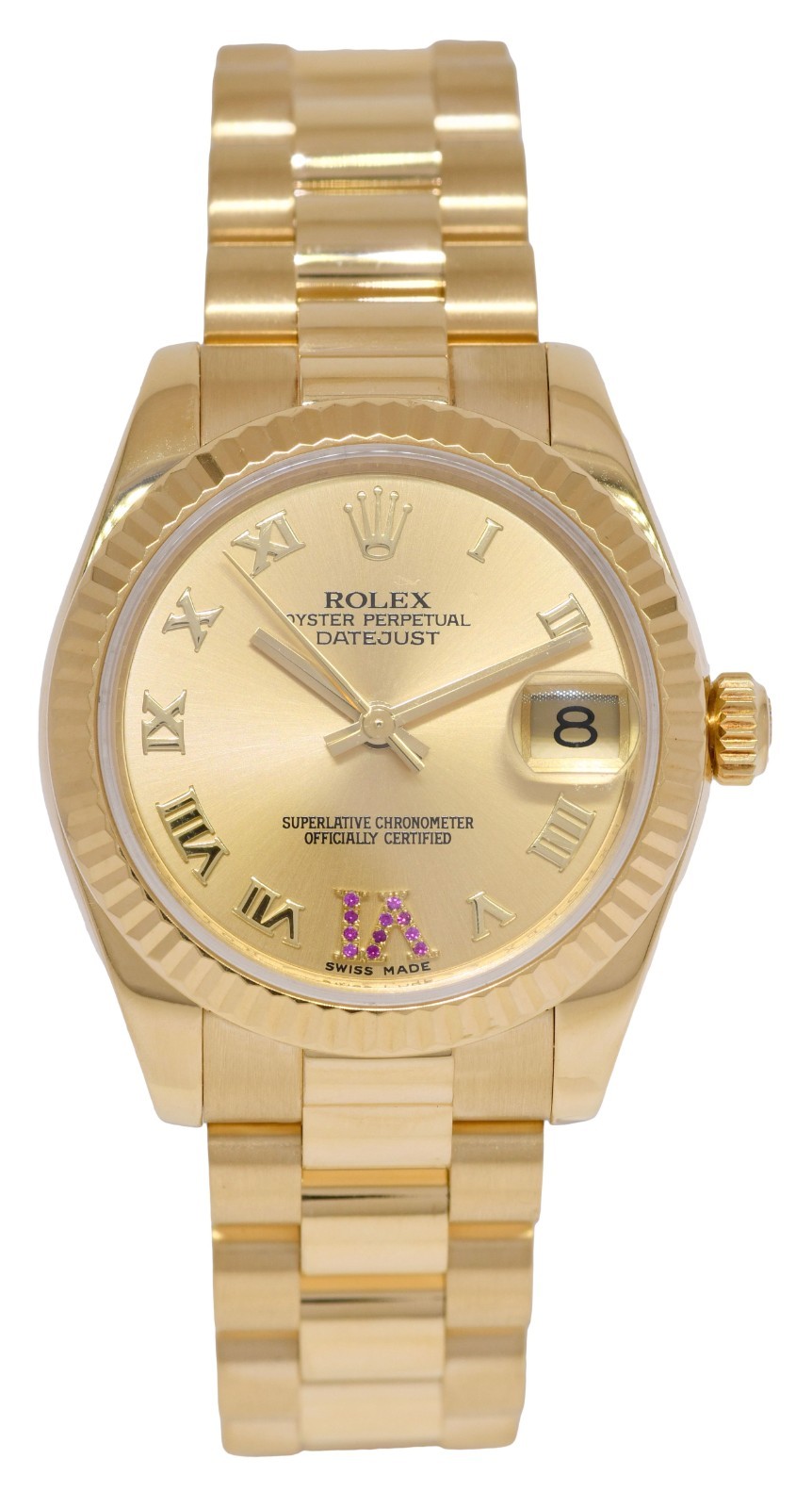 Rolex Datejust President 18k Yellow Gold Ruby VI Ladies 31mm Watch +Card 178278