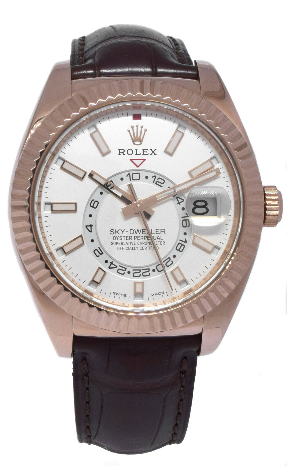 Rolex Sky-Dweller 18k Rose Gold White Dial Mens GMT 42mm Watch +Card '15 326135