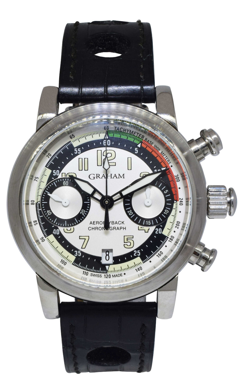 NOS Graham Aeroflyback Chronograph Silver Dial Strap Watch B/P AFAS.S02A.C16B