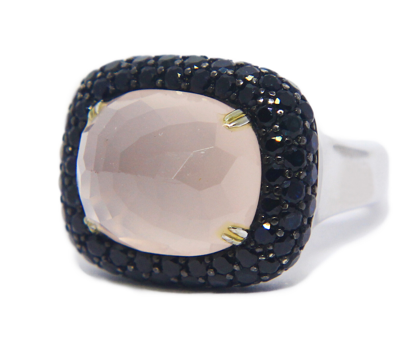 Black Diamond & Rose Quartz 18k White Gold Ladies Ring Size 7
