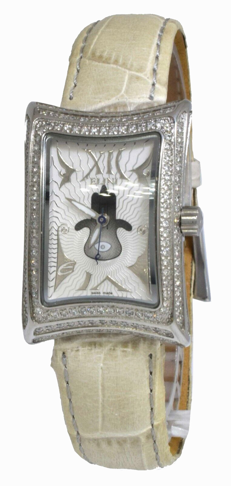 Elini Nazar Lucky Hand Hamsa Steel Diamond Ladies Quartz Watch on Leather Strap