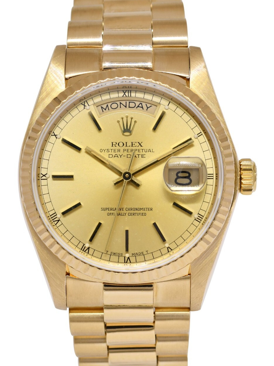 Rolex Day-Date 36 President 18k Yellow Gold Champagne Stick Dial Watch '82 18038