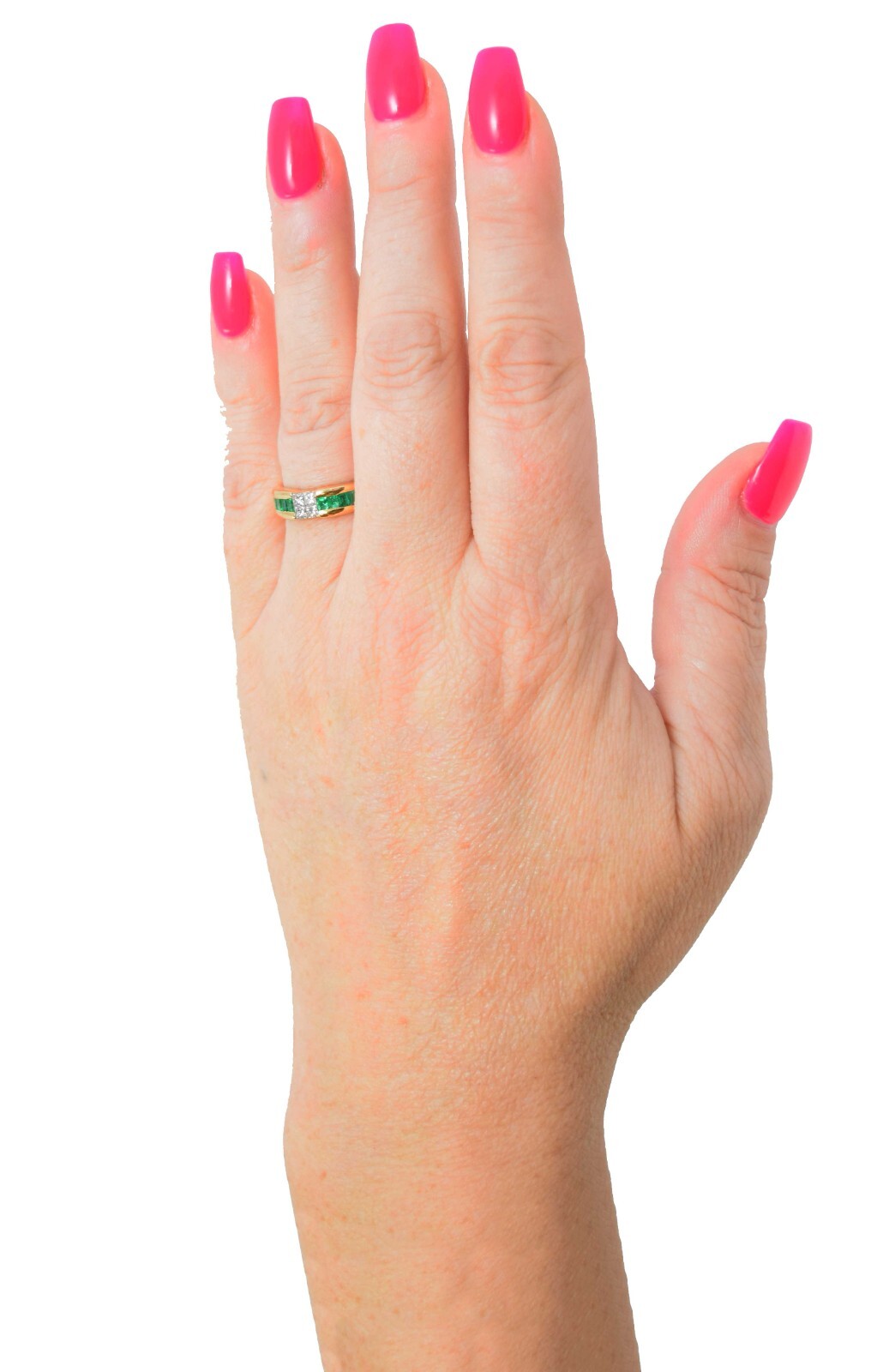 Green Emerald & Princess Cut Diamond 18k Yellow Gold Ladies Band Ring Size 6.25