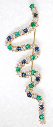 Ladies Diamond, Emerald & Sapphire 18k Yellow Gold Squiggle Brooch