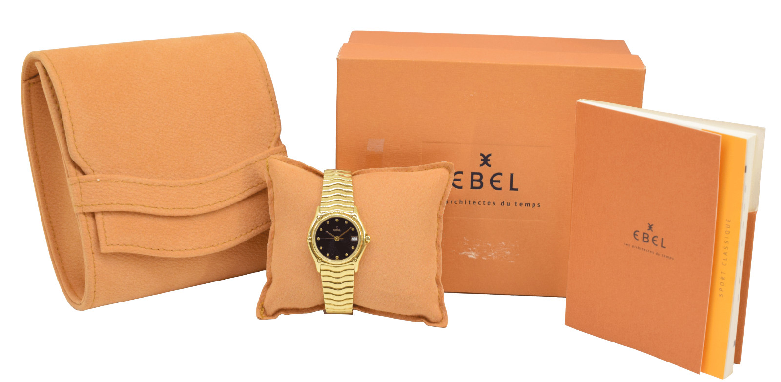Ebel 1911 18k Gold Watch Sportwave Bracelet Black Dial Quartz Watch B/B 11126102