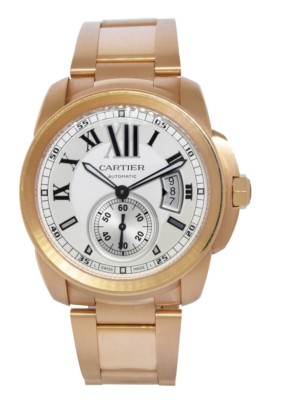 Cartier Calibre 18k Rose Gold Silver Dial Mens 42mm Watch +Box W7100018 3300